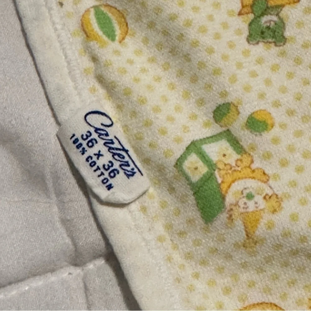 Vintage Carter's Baby Blanket Receiving Yellow Dot Train Toys 36 x 36 Cotton USA